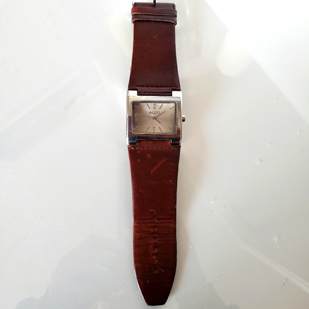 Aldo Watch Leather Strap Stainless Steel Brown Women's Or Men Silver Hardware